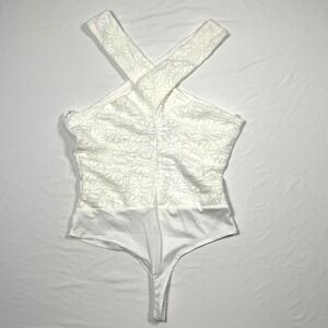 SAGE Lacey Floral Bodysuit Size M White Cross Neck Snap Leotard Made in USA NWT